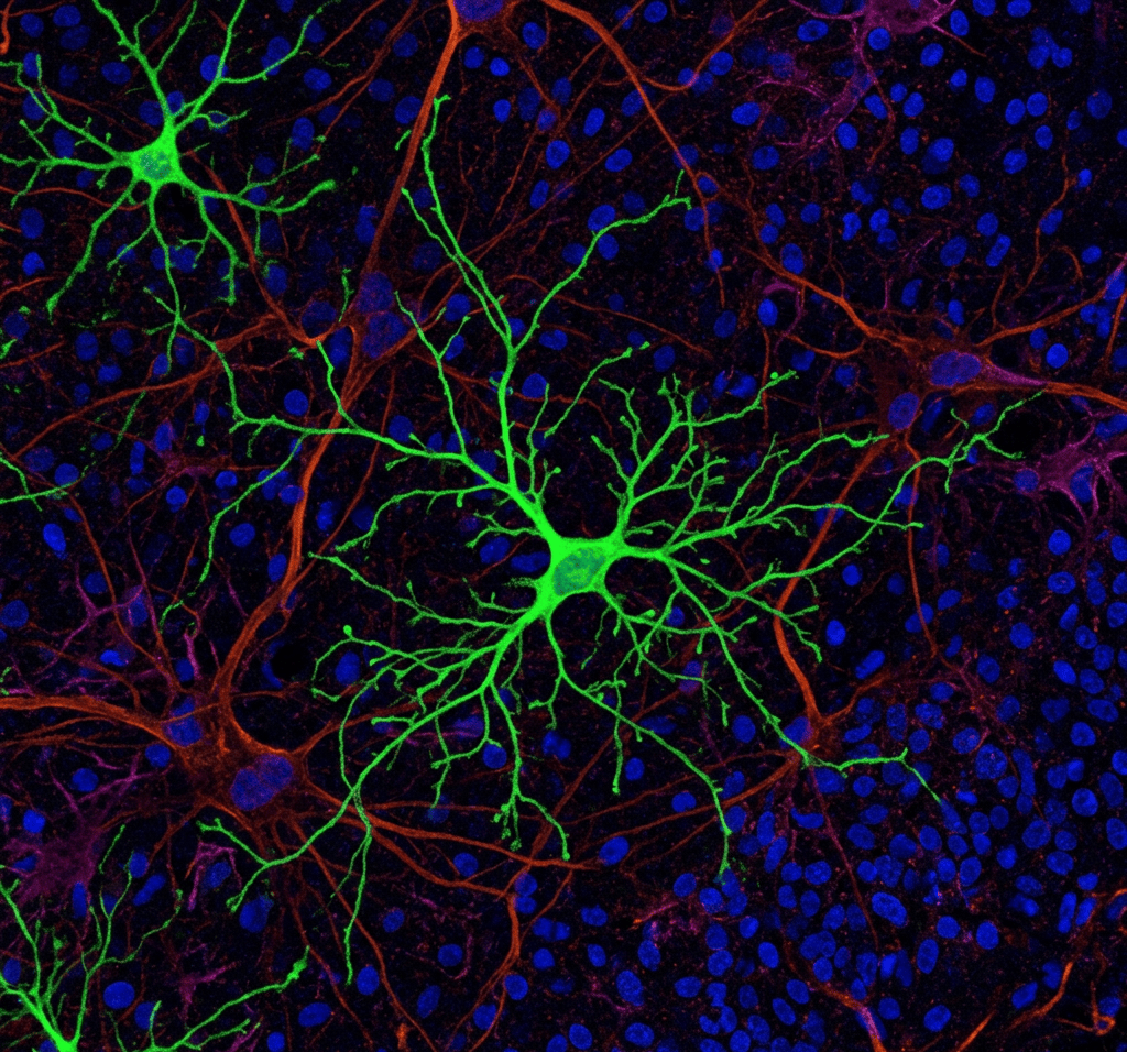 Fluorescence micrograph labeled Iba1 MAP2 GFAP with 20 μm scale bar